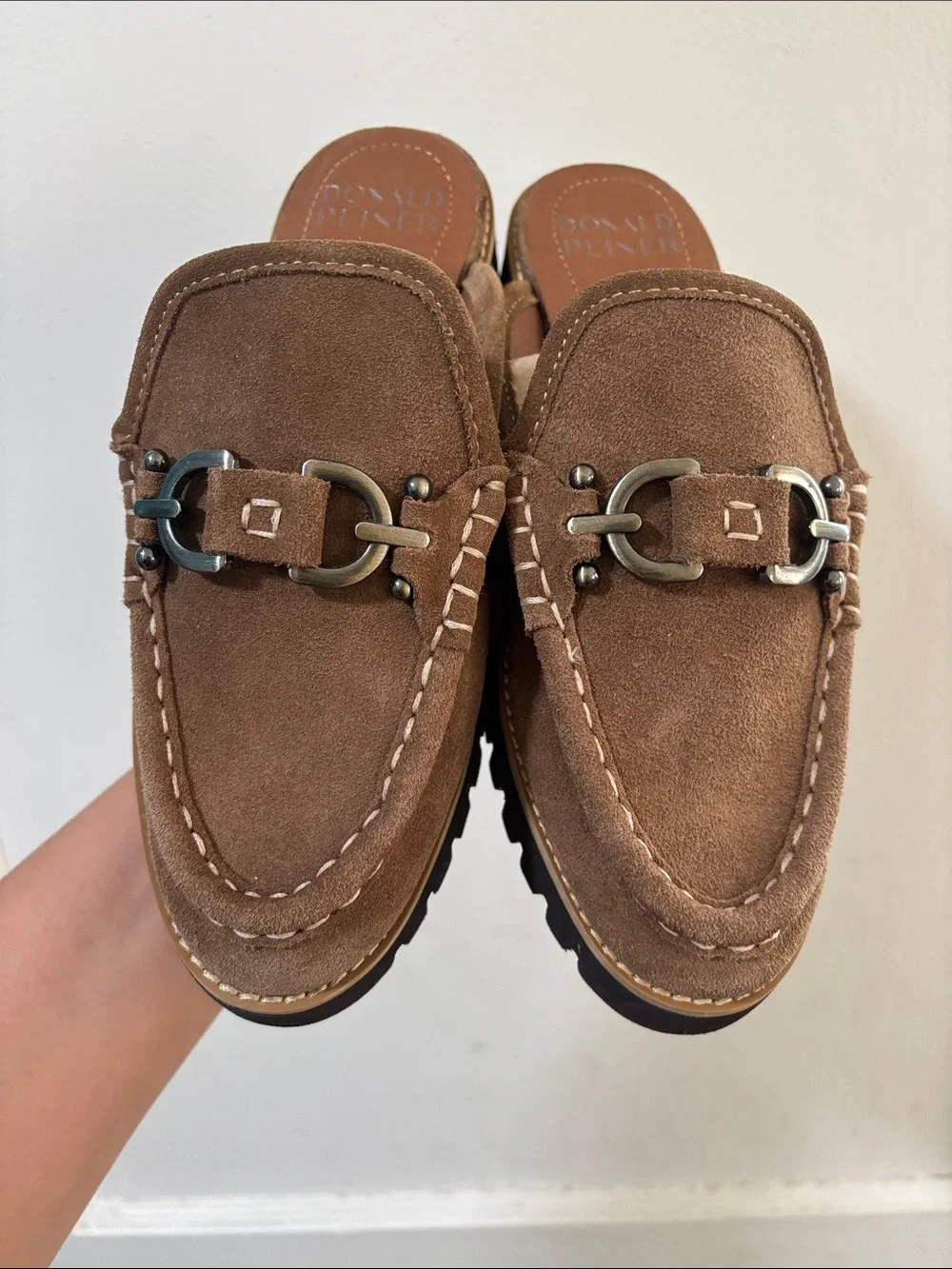 Donald J. Pliner Brown Suede Slip-On Loafers with Metal Bit